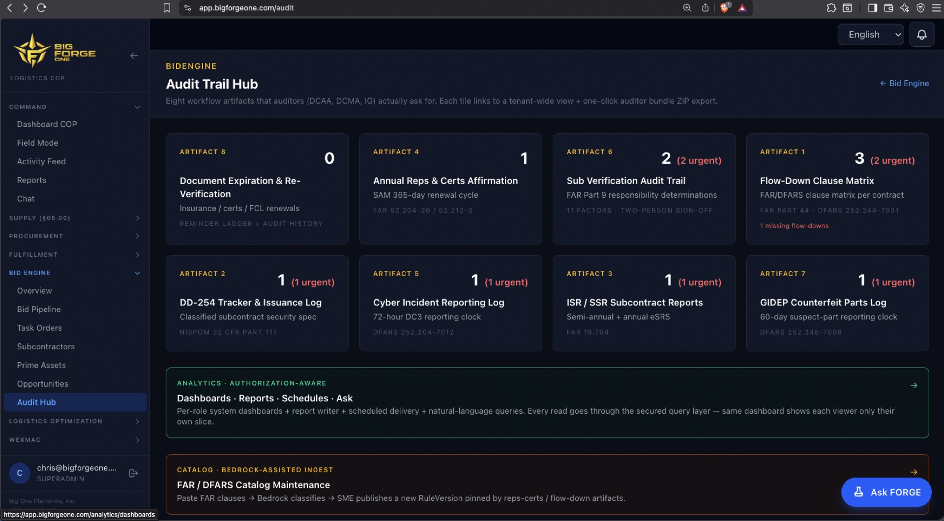 Audit Trail Hub — eight FAR/DFARS workflow artifacts including sub verification, flow-down clauses, and DD-254