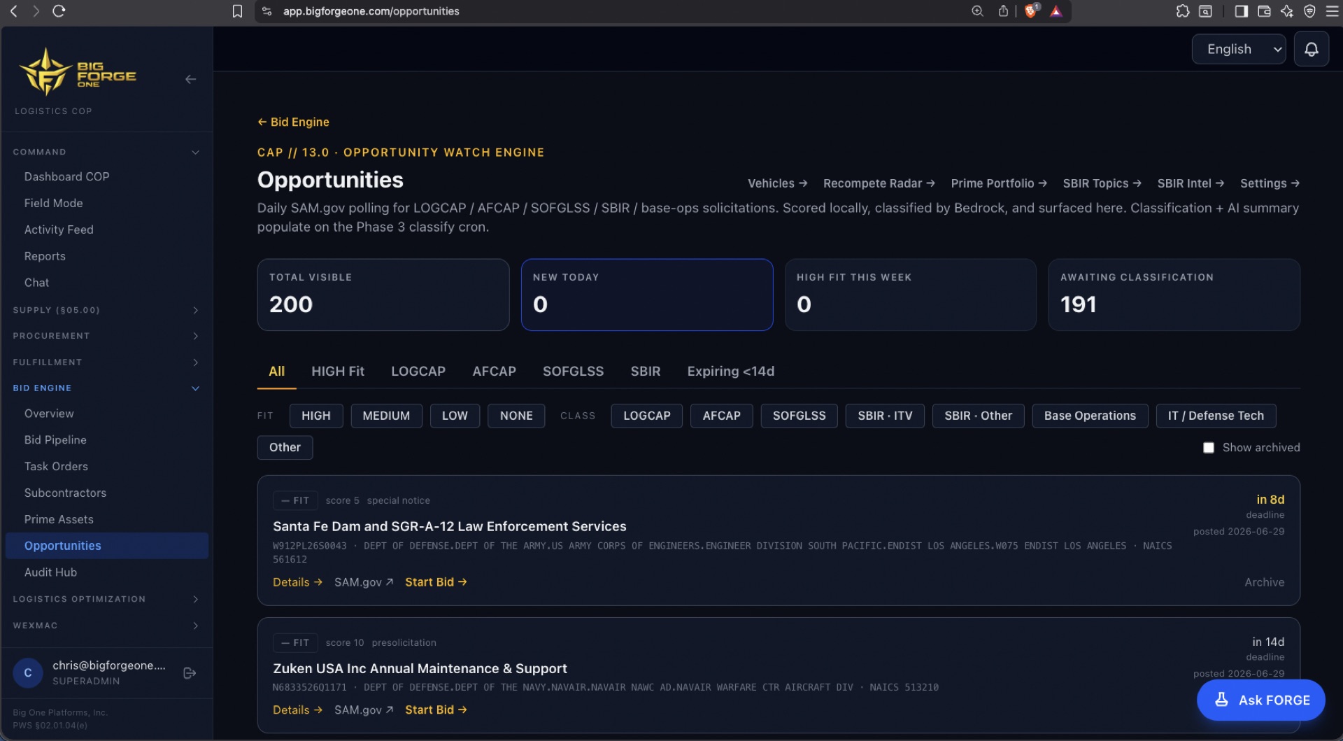 Opportunity Watch Engine — fit-tiered opportunities with live counters