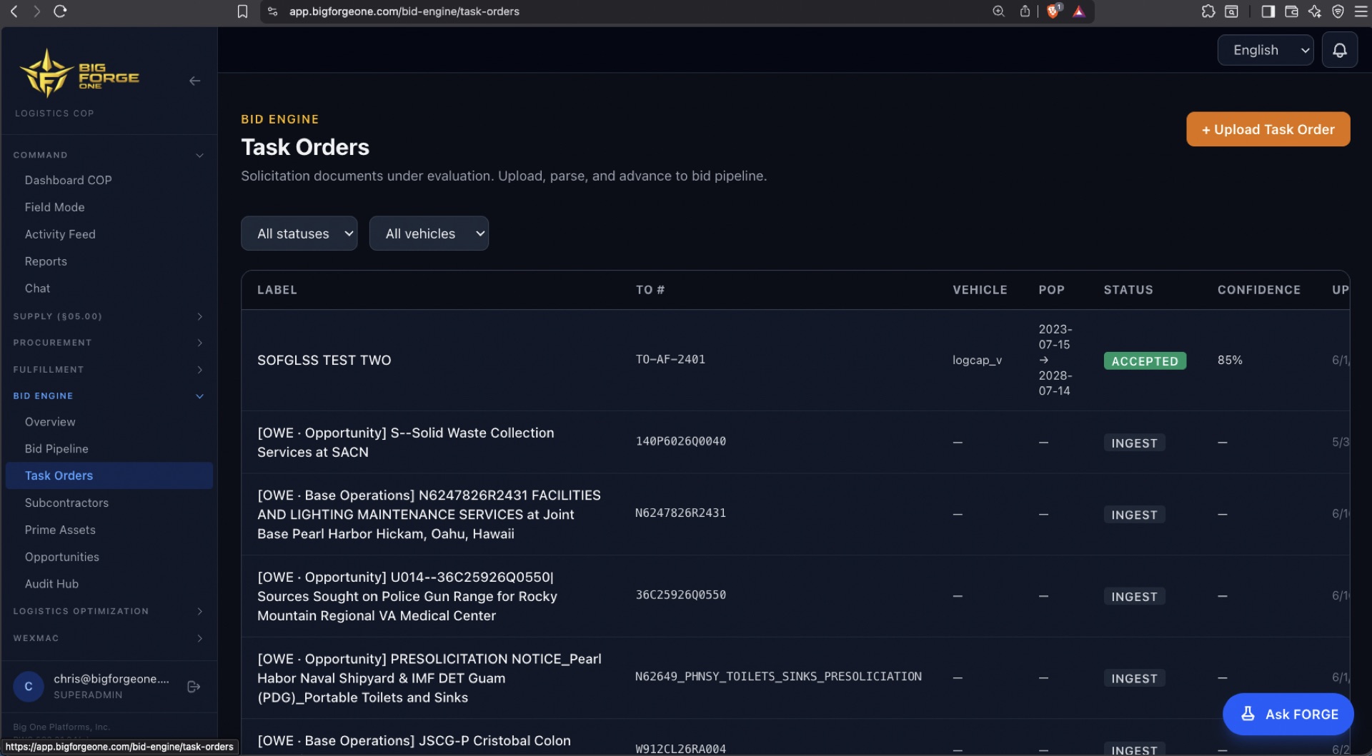 Task Orders — upload, parse, advance to the bid pipeline